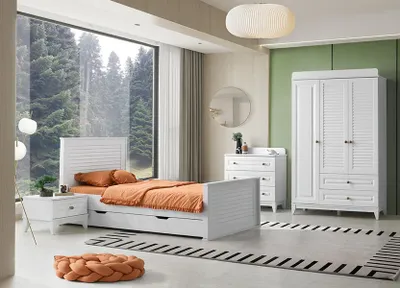 Productafbeelding van Kinderzimmer Set 4tlg. Bett Nachttisch Kommode und Kleiderschrank stilvoll