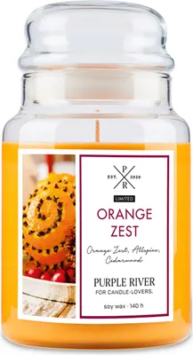 Zdjęcie produktu dla Świeca zapachowa Purple River Orange Zest, ręcznie wylewana, wosk sojowy, 623 g, czas palenia 140 godzin, szklany słoik, 2 bawełniane knoty