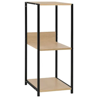 A freestanding shelf unit with black metal frame and light wood shelves, presented against a white background.