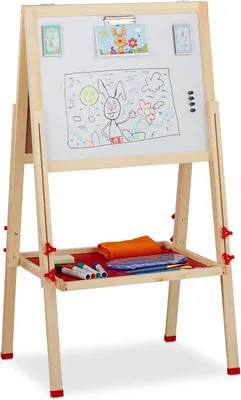 Obrázok produktu pre Školská tabuľa pre deti, biela tabuľa a tabuľa na kriedu, výškovo nastaviteľná, drevená, 102-135 x 55 x 52 cm, prírodná
