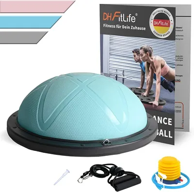 Zdjęcie produktu dla Piłka równoważna DH FitLife, przyrząd do ćwiczeń równowagi do jogi, średnica 60 cm, wysokość 22 cm, nośność do 200 kg, półpiłka gimnastyczna, deska równoważna do fitnessu, deska równoważna z pompką