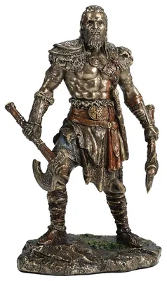 Vikingkrieger mit zwei Äxten, Kunststein, Bronzeoptik, 16 cm