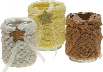 Produktbild von Weihnachtsdeko Windlicht Glas mit Kunstfell - Tischdeko Kerzenglas Set 3tlg - Gemütliche Weihnachtsbeleuchtung - Festliches Accessoire für Advent und Weihnachtstafel - Gläser in Beige, Grau, Braun, 3 Stück