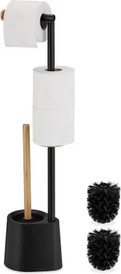 Produktbild von Famanu Toilettenrollenhalter mit WC-Bürstenhalter - Modernes Design aus Bambus und Edelstahl schwarz