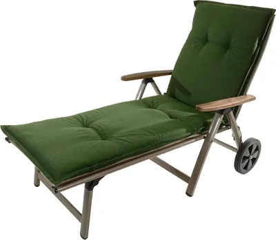 A green chaise lounge with wooden armrests and wheels, shown against a white background.