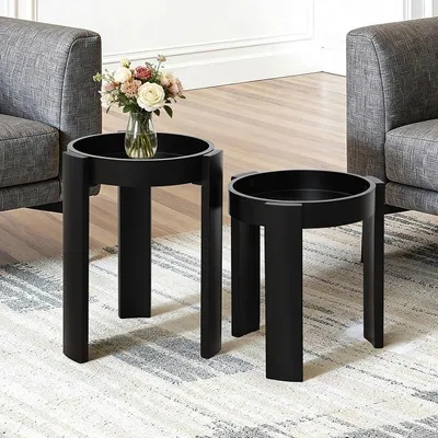 Imagen del producto de Mesa auxiliar de madera negra con bandeja, mesa de centro redonda