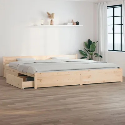 A wooden bed frame with drawers in a bedroom setting.