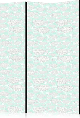 Produktbild von 3-teiliger Doppelseitiger Vlies Paravent - Minimalist Fish - Fish of Grey Dots on a Crystal Clear Water Surface in Mint Green Colors 135x172 cm Tiere g-C-10151-z-a