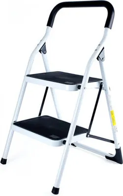 A white and black two-step stepladder is shown against a white background.