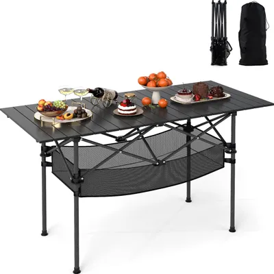 Produktbild von KOMFOTTEU Klapptisch aus Aluminium, tragbarer Campingtisch mit Wickelplatte, Netzkorb und Tragetasche, platzsparender Picknicktisch für Camping, Garten, 119 x 55 x 69 cm (Schwarz)