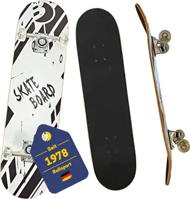 Three skateboards are displayed against a white background. One is shown from the top with a black and white design, another from the side showing its black grip tape, and the third from the side showing its profile and wheels.
