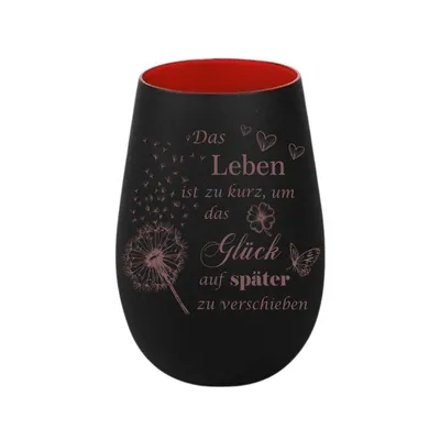 Produktbild von Stölzle Lausitz Windlicht aus Glas schwarz rot mit Lasergravur „Das Leben ist zu kurz...“, persönliches Geschenk für Freunde, Familie und Partner