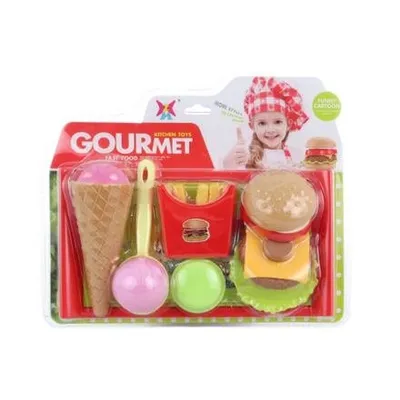 Produktbild von Spielzeug-Lebensmittelset aus Kunststoff mit Eis, Pommes, zerlegbarem Hamburger und Tablett, 29,5 x 25 x 7 cm