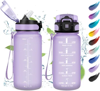 Immagine prodotto di Borraccia con cannuccia, capacità 500 ml, a prova di perdite, con indicazione dell'ora, ideale per lo sport e la scuola
