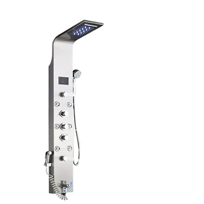 A modern stainless steel shower panel with a built-in LED display and multiple shower heads.