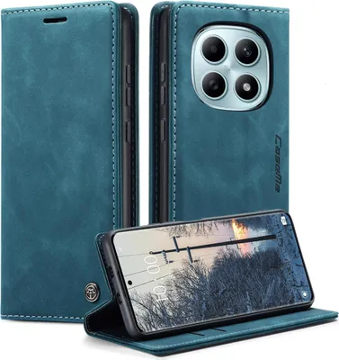 A teal flip case for a smartphone is displayed, with the phone inside and open, showing its screen.