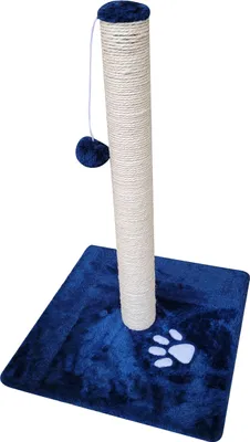 A dark blue cat scratching post with a beige sisal rope post and a blue pom-pom toy.