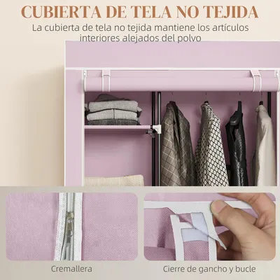 Image de Armoire en tissu - Armoire mobile - Avec roulettes - 6 étagères - 1 tringle - Chambre à coucher - 103 x 43 x 162,5 cm - Rose