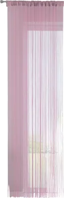 A pink string curtain hanging in front of a window.