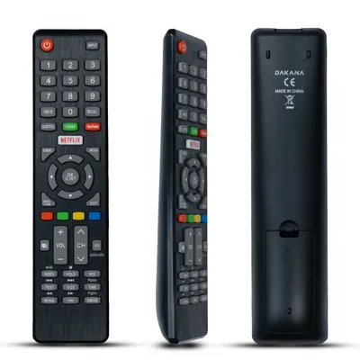 Three views of a black remote control against a white background.