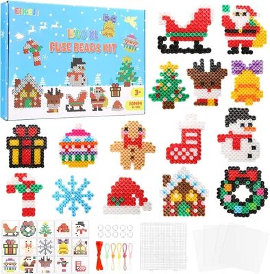 Productafbeelding van Grote 10 mm kerststrijkkralenset, 1500 stuks XL steekkralen met platen, 21 kleurrijke kleuren, maxi strijkkralen