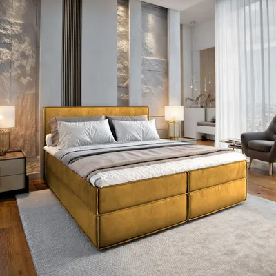 Produktbild von Masseno Boxspringbett PELLIO 140x200 cm Komplett-Set mit Bonell Matratze und Topper, Polsterbett mit Bettkästen -Gelb, MONOLITH 48