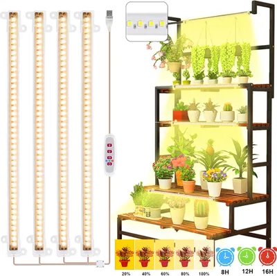 Produktbild von 4 Stäbe Pflanzenlichtstreifen für Zimmerpflanzen Pflanzenlampe LED Pflanzenlicht Vollspektrum mit Ein-/Aus-Timer 5 Helligkeiten Wachstumslampenleisten 50cm