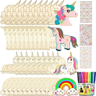 Productafbeelding van 40 stuks eenhoorn-knutselset, eenhoorn knutselset om te beschilderen, houten knutselsets voor kinderen met 12 aquarelstiften + 3 paillettenstickers