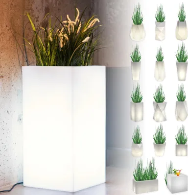A large illuminated planter with plants in a room, next to a collage of smaller illuminated planters with plants.