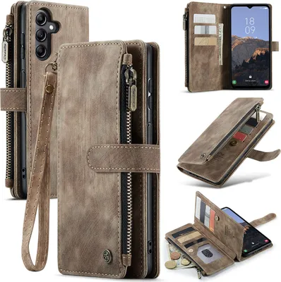 Immagine prodotto di Custodia Galaxy A14 5G, custodia in Finto cuoio con cerniera, chiusura magnetica, tasca per carte, supporto, portafoglio, custodia protettiva per Samsung Galaxy A14 5G marrone