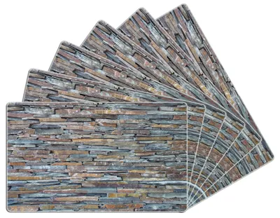 Produktbild von Wallario Frühstücksbrettchen 6er Set aus Glas, je 14 x 23 cm, mit rutschfesten Füßen, Motiv Natursteinmauer in grau braun