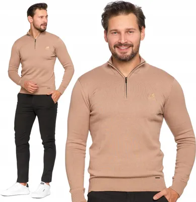 Productafbeelding van Herenpullover - Trui met rits, maat M - Trui met opstaande kraag, beige - Katoenen trui
