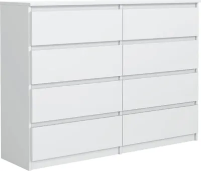 A white dresser with eight drawers, shown from a three-quarter side view against a white background.
