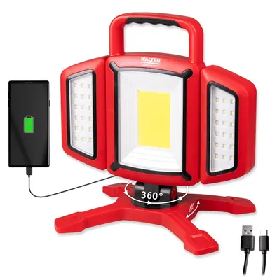 Produktbild von WALTER Akku Arbeitsleuchte 2000 Lumen – Magnetfuß, 360° drehbar, Powerbank, USB-C – Wiederaufladbare LED Baustellenlampe für Werkstatt, Garage & Outdoor