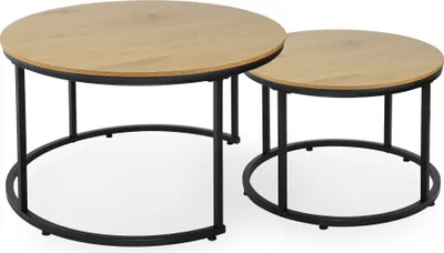 Image de Table basse ronde 2 places en bois, table de salon moderne en chêne clair, set de tables d'appoint 2 en 1 avec structure métallique pour le salon