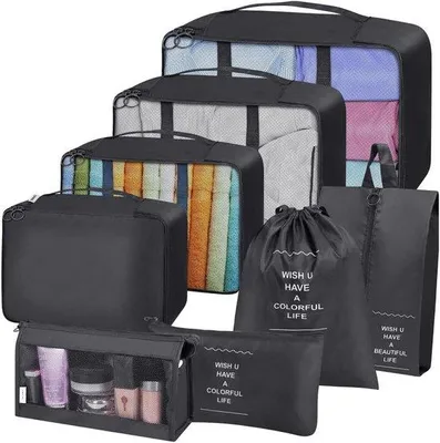 Produktbild von Reiseorganizer-Set, 8-teilig, wasserdichter Reisebeutel, Reisezubehör mit Schuhbeutel, USB-Kabeltaschentas (schwarz)