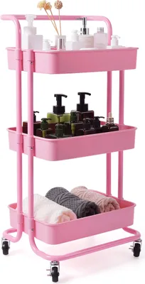 Image de COSTWAY Chariot de service sur roulettes, Chariot de cuisine avec cadre métallique, Chariot à roulettes avec 3 étagères, Chariot multi-usages Chariot d'appoint Chariot de salle de bain, Rose