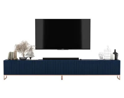Zdjęcie produktu dla Komoda RTV Glamour Szafka RTV Glamour Granatowy Mat Fronty Ryflowane 300 cm Rama metalowa