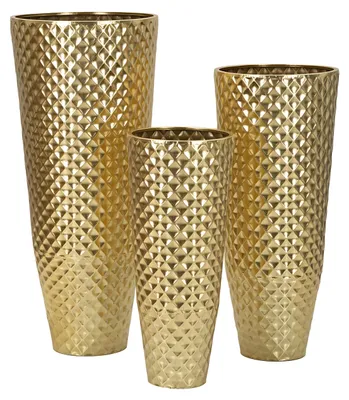 Zdjęcie produktu dla Zestaw 3 wazonów Glotty z metalu w kolorze złotym - Trio z wytłoczoną fakturą geometryczną w stylu Glam, CM 48X110