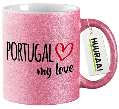 Produktbild von Huuraa Glitzertasse Portugal my love 330ml Pink Keramik Kaffeebecher Geschenkidee