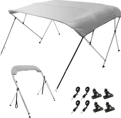 Zdjęcie produktu dla Pokrowiec na łódź VEVOR 4-łukowy bimini top, szerokość montażowa 2310-2440 mm, baldachim z poliestru 900D z ramą ze stopu aluminium, wodoodporny i chroniący przed słońcem, w zestawie schowek, 2 maszty nośne Szary
