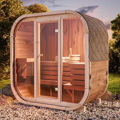Produktbild von FinnTherm Fasssauna Ellipso M, Moderne Outdoor Sauna inkl. Dacheindeckung, Kompakte Gartensauna mit Glasfront, Außensauna: B 196 x T 119 x H 203 cm, 3 Personen