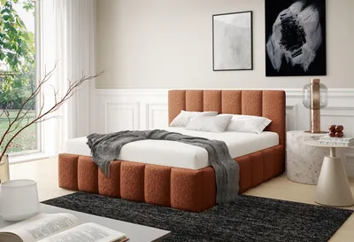 Productafbeelding van POLSTERBETT LINO met bedlade | Bed 140x200 | Tweepersoonsbed met opbergruimte en lattenbodem | Boxspring-look | Zonder matras | Slaapkamer in de kleur "Fuchsrot" (een roodtint)