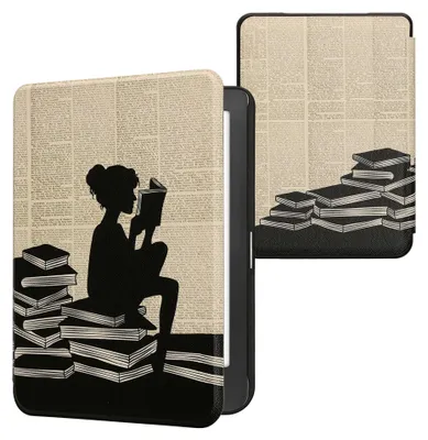 Produktbild von kwmobile Schutzhülle für Kobo Clara HD Hülle - eReader Flip Case mit Auto Sleep Funktion - Lesende Frau mit Schwarz Beige