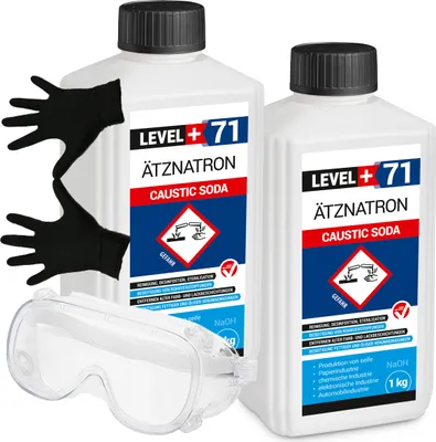 Produktbild von Rohrreiniger Ätznatron Entfetter Perlen Caustic Soda 2x1kg Flasche Seifenindustrie + Schutzbrille + Nitrillhandschuhe Arbeitsschutz Set RM71