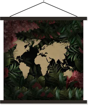 Produktbild von MuchoWow® Textilposter Weltkarte - Pflanzen - Blumen 90x90 cm mit schwarzem Rahmen - Magnetisches