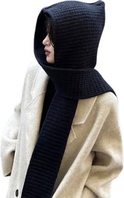 Produktbild von Strickmütze mit integriertem Schal winddicht dicke Kopfbedeckung gewickeltes Design Mütze Gehörschutz Fotografie-Mütze wendbarer Schal Outdoor-Mütze-Schwarz