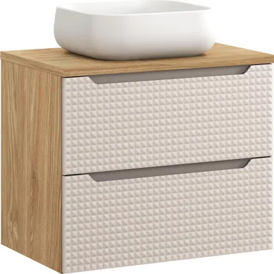 Immagine prodotto di Mobile Bagno 70 Cm Con Piano In Rovere + Lavabo Da Appoggio Beige 3D