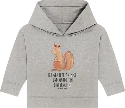 Produktbild von Mr. & Mrs. Panda Organic Baby Hoodie Einhorn Glauben 24. - 36. Monat - Heather Grey - Geschenk, Kapuzensweatshirt, Unicorn, Einhörnchen, Einhörner, Kapuzenshirt, Eichhorn