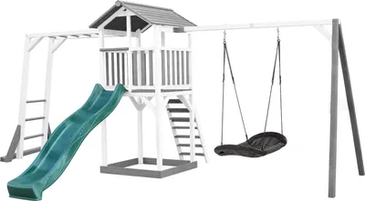 Produktbild von AXI Beach Tower Spielturm aus Holz in Weiß & Grau | Spielhaus für Kinder mit grüner Rutsche, Klettergerüst, Nestschaukel und Sandkasten | Stelzenhaus für den Garten